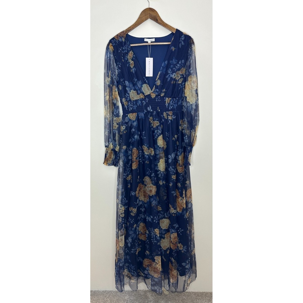 NEW Baltic Born Layla Tulle Maxi Dress Blue Golden Floral V-Neck Smocked Large - Picture 2 of 16